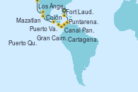 Visitando Fort Lauderdale (Florida/EEUU), Gran Caimán (Islas Caimán), Cartagena de Indias (Colombia), Colón (Panamá), Canal Panamá, Puntarenas (Costa Rica), Puerto Quetzal (Guatemala), Puerto Vallarta (México), Mazatlan (México), Los Ángeles (California)