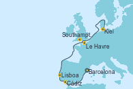 Visitando Barcelona, Cádiz (España), Lisboa (Portugal), Le Havre (Francia), Southampton (Inglaterra), Kiel (Alemania)