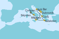 Visitando Civitavecchia (Roma), Katakolon (Olimpia/Grecia), Corfú (Grecia), Split (Croacia), Dubrovnik (Croacia), Bar ( Montenegro), Messina (Sicilia), Nápoles (Italia), Civitavecchia (Roma)