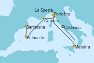 Visitando Civitavecchia (Roma), Messina (Sicilia), Portofino (Italia), La Spezia, Florencia y Pisa (Italia), Cannes (Francia), Palma de Mallorca (España), Barcelona