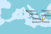 Visitando Civitavecchia (Roma), Chania (Creta/Grecia), Kusadasi (Efeso/Turquía), Estambul (Turquía), Estambul (Turquía), Mykonos (Grecia), Santorini (Grecia), Nápoles (Italia), Civitavecchia (Roma)