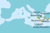 Visitando Atenas (Grecia), Nauplion (Grecia), Katakolon (Olimpia/Grecia), Heraklion (Creta), Rodas (Grecia), Limassol (Chipre), Antalya (Turquía), Kusadasi (Efeso/Turquía), Atenas (Grecia), Atenas (Grecia)