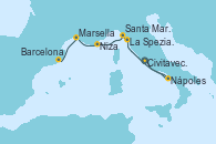 Visitando Civitavecchia (Roma), Nápoles (Italia), La Spezia, Florencia y Pisa (Italia), La Spezia, Florencia y Pisa (Italia), Santa Margarita (Italia), Niza (Francia), Marsella (Francia), Barcelona