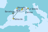 Visitando Barcelona, Palma de Mallorca (España), Marsella (Francia), Cannes (Francia), Niza (Francia), La Spezia, Florencia y Pisa (Italia), Barcelona