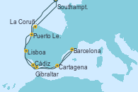 Visitando Southampton (Inglaterra), Puerto Leixões (Portugal), Lisboa (Portugal), Cádiz (España), Barcelona, Cartagena (Murcia), Gibraltar (Inglaterra), La Coruña (Galicia/España), Southampton (Inglaterra)