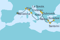 Visitando Barcelona, Niza (Francia), La Spezia, Florencia y Pisa (Italia), Civitavecchia (Roma), Dubrovnik (Croacia), Kotor (Montenegro), Kusadasi (Efeso/Turquía), Santorini (Grecia), Atenas (Grecia)