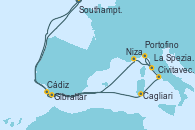 Visitando Southampton (Inglaterra), Gibraltar (Inglaterra), Niza (Francia), La Spezia, Florencia y Pisa (Italia), Portofino (Italia), Civitavecchia (Roma), Cagliari (Cerdeña), Cádiz (España), Southampton (Inglaterra)