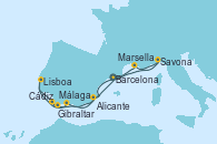 Visitando Barcelona, Savona (Italia), Marsella (Francia), Málaga, Gibraltar (Inglaterra), Lisboa (Portugal), Lisboa (Portugal), Cádiz (España), Alicante (España), Barcelona