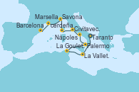 Visitando Taranto (Italia), La Valletta (Malta), La Goulette (Tunez), Palermo (Italia), Nápoles (Italia), Civitavecchia (Roma), Ajaccio (Córcega), Savona (Italia), Marsella (Francia), Barcelona