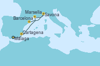 Visitando Málaga, Cartagena (Murcia), Marsella (Francia), Savona (Italia), Barcelona