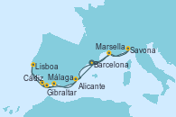 Visitando Barcelona, Marsella (Francia), Savona (Italia), Marsella (Francia), Málaga, Gibraltar (Inglaterra), Lisboa (Portugal), Lisboa (Portugal), Cádiz (España), Alicante (España), Barcelona