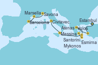 Visitando Estambul (Turquía), Esmirna (Turquía), Volos (Grecia), Mykonos (Grecia), Santorini (Grecia), Atenas (Grecia), Messina (Sicilia), Civitavecchia (Roma), Barcelona, Marsella (Francia), Savona (Italia)