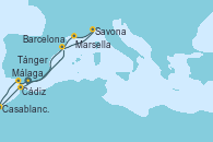 Visitando Málaga, Cádiz (España), Casablanca (Marruecos), Casablanca (Marruecos), Tánger (Marruecos), Barcelona, Savona (Italia), Marsella (Francia), Málaga