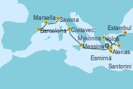 Visitando Atenas (Grecia), Estambul (Turquía), Esmirna (Turquía), Volos (Grecia), Mykonos (Grecia), Santorini (Grecia), Atenas (Grecia), Messina (Sicilia), Civitavecchia (Roma), Barcelona, Marsella (Francia), Savona (Italia)