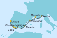 Visitando Málaga, Gibraltar (Inglaterra), Lisboa (Portugal), Lisboa (Portugal), Cádiz (España), Alicante (España), Barcelona, Savona (Italia), Marsella (Francia), Barcelona, Málaga