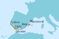 Visitando Barcelona, Cádiz (España), Lisboa (Portugal), Lisboa (Portugal), Gibraltar (Inglaterra), Málaga