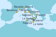 Visitando Catania (Sicilia), Taranto (Italia), La Valletta (Malta), La Goulette (Tunez), Palermo (Italia), Nápoles (Italia), Civitavecchia (Roma), Ajaccio (Córcega), Savona (Italia), Marsella (Francia), Barcelona