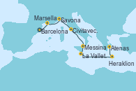 Visitando Barcelona, Marsella (Francia), Savona (Italia), Civitavecchia (Roma), Messina (Sicilia), La Valletta (Malta), Heraklion (Creta), Atenas (Grecia)