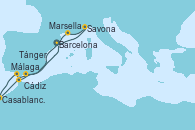 Visitando Barcelona, Savona (Italia), Marsella (Francia), Málaga, Cádiz (España), Casablanca (Marruecos), Casablanca (Marruecos), Tánger (Marruecos), Barcelona