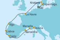 Visitando Kiel (Alemania), Copenhague (Dinamarca), Kristiansand (Noruega), Le Havre (Francia), Vigo (España), Lisboa (Portugal), Cádiz (España), Barcelona, Marsella (Francia), Savona (Italia)