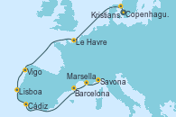 Visitando Copenhague (Dinamarca), Kristiansand (Noruega), Le Havre (Francia), Vigo (España), Lisboa (Portugal), Cádiz (España), Barcelona, Marsella (Francia), Savona (Italia)