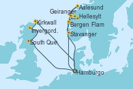 Visitando Hamburgo (Alemania), South Queensferry (Escocia), South Queensferry (Escocia), Invergordon (Escocia), Kirkwall (Escocia), Hamburgo (Alemania), Bergen (Noruega), Hellesylt (Noruega), Geiranger (Noruega), Aalesund (Noruega), Flam (Noruega), Stavanger (Noruega), Hamburgo (Alemania)