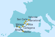 Visitando Málaga, Melilla (España), Almería (España), Cartagena (Murcia), Ibiza (España), Valencia, San Carles de La Rápita, Barcelona