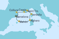 Visitando Barcelona, Colliure, Cassis (Francia), Saint Tropez (Francia), Ajaccio (Córcega), Alghero (Cerdeña), Mahón (Menorca/España), Barcelona