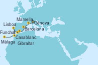 Visitando Génova (Italia), Marsella (Francia), Barcelona, Málaga, Gibraltar (Inglaterra), Lisboa (Portugal), Casablanca (Marruecos), Funchal (Madeira)