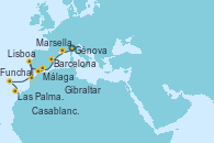 Visitando Génova (Italia), Marsella (Francia), Barcelona, Málaga, Gibraltar (Inglaterra), Lisboa (Portugal), Casablanca (Marruecos), Funchal (Madeira), Las Palmas de Gran Canaria (España)