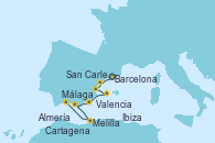 Visitando Barcelona, San Carles de La Rápita, Valencia, Ibiza (España), Cartagena (Murcia), Almería (España), Melilla (España), Málaga