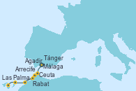 Visitando Málaga, Ceuta (España), Tánger (Marruecos), Rabat, Agadir (Marruecos), Arrecife (Lanzarote/España), Las Palmas de Gran Canaria (España)