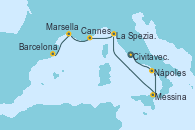 Visitando Civitavecchia (Roma), Nápoles (Italia), Messina (Sicilia), La Spezia, Florencia y Pisa (Italia), Cannes (Francia), Marsella (Francia), Barcelona