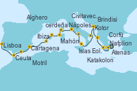 Visitando Atenas (Grecia), Nafplion (Grecia), Katakolon (Olimpia/Grecia), Corfú (Grecia), Kotor (Montenegro), Brindisi (Italia), Islas Eolias, Lipari (Sicilia), Nápoles (Italia), Civitavecchia (Roma), Ajaccio (Córcega), Alghero (Cerdeña), Mahón (Menorca/España), Ibiza (España), Cartagena (Murcia), Motril (Granada/Andalucía), Ceuta (España), Lisboa (Portugal)