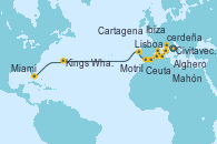 Visitando Civitavecchia (Roma), Ajaccio (Córcega), Alghero (Cerdeña), Mahón (Menorca/España), Ibiza (España), Cartagena (Murcia), Motril (Granada/Andalucía), Ceuta (España), Lisboa (Portugal), Kings Wharf (Bermudas), Kings Wharf (Bermudas), Miami (Florida/EEUU)