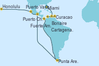 Visitando Miami (Florida/EEUU), Bonaire (Países Bajos), Curacao (Antillas), Cartagena de Indias (Colombia), Fuerte Amador (Panamá), Fuerte Amador (Panamá), Punta Arenas (Chile), Puerto Chiapas (México), Puerto Vallarta (México), Honolulu (Hawai), Honolulu (Hawai)