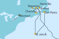 Visitando Montreal (Canadá), Quebec (Canadá), Saguenay (Canadá), Charlottetown (Canadá), St. John´s (Antigua y Barbuda), San Pedro y Miquelón (Francia), Havre Saint Pierre (Canadá), Montreal (Canadá)