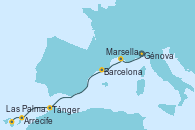 Visitando Génova (Italia), Marsella (Francia), Barcelona, Tánger (Marruecos), Arrecife (Lanzarote/España), Las Palmas de Gran Canaria (España)