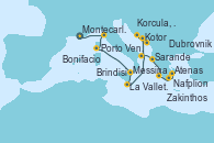 Visitando Montecarlo (Mónaco), Porto Venere (Italia), Bonifacio (Córcega/Francia), Puerto Cervo (Cerdeña/Francia), Messina (Sicilia), Messina (Sicilia), La Valletta (Malta), Kotor (Montenegro), Dubrovnik (Croacia), Korcula, Croatia, Brindisi (Italia), Sarande (Albania), Zakinthos (Grecia), Nafplion (Grecia), Atenas (Grecia)