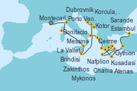 Visitando Montecarlo (Mónaco), Porto Venere (Italia), Bonifacio (Córcega/Francia), Puerto Cervo (Cerdeña/Francia), Messina (Sicilia), Messina (Sicilia), La Valletta (Malta), Kotor (Montenegro), Dubrovnik (Croacia), Korcula, Croatia, Brindisi (Italia), Sarande (Albania), Zakinthos (Grecia), Nafplion (Grecia), Atenas (Grecia), Gythion (Grecia), Chania (Creta/Grecia), Mykonos (Grecia), Cesme (Turquía), Kusadasi (Efeso/Turquía), Estambul (Turquía)