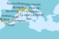 Visitando Lisboa (Portugal), Portimao (Portugal), Tánger (Marruecos), Motril (Granada/Andalucía), Cartagena (Murcia), LA CIOTAT, Cannes (Francia), Montecarlo (Mónaco), Portoferraio (Italia), Porto Venere (Italia), Niza (Francia), La Joliette (Francia), La Joliette (Francia), Sete (Francia), Rosas (Girona/España), Palamos (Gerona/España), Barcelona