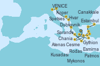 Visitando Atenas (Grecia), Gythion (Grecia), Chania (Creta/Grecia), Mykonos (Grecia), Cesme (Turquía), Kusadasi (Efeso/Turquía), Estambul (Turquía), Canakkale (Turquía), Esmirna (Turquía), Patmos (Grecia), Rodas (Grecia), Spetses (Grecia), Atenas (Grecia), Gythion (Grecia), Sarande (Albania), Dubrovnik (Croacia), Hvar (Croacia), Koper (Eslovenia), VENICE (FUSINA) - ITALY