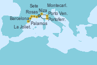 Visitando Montecarlo (Mónaco), Portoferraio (Italia), Porto Venere (Italia), Niza (Francia), La Joliette (Francia), La Joliette (Francia), Sete (Francia), Rosas (Girona/España), Palamos (Gerona/España), Barcelona