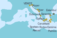 Visitando Estambul (Turquía), Canakkale (Turquía), Esmirna (Turquía), Patmos (Grecia), Rodas (Grecia), Spetses (Grecia), Atenas (Grecia), Gythion (Grecia), Sarande (Albania), Dubrovnik (Croacia), Hvar (Croacia), Koper (Eslovenia), VENICE (FUSINA) -  ITALY