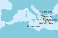 Visitando Atenas (Grecia), Santorini (Grecia), Monemvasia (Grecia), Itea (Grecia), Nidrí (Grecia), Sarande (Albania), Dubrovnik (Croacia)