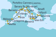 Visitando Montecarlo (Mónaco), Calvi (Córcega), Trapani (Italia), Islas Eolias, Lipari (Sicilia), Messina (Sicilia), Gallipoli (Italia), Sarande (Albania), Amalfi (Italia), Civitavecchia (Roma), Portofino (Italia), Livorno, Pisa y Florencia (Italia), Cannes (Francia), Sanary Sur Mer (Francia), Melilla (España), Málaga, Cartagena (Murcia), Ibiza (España), Barcelona