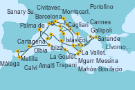 Visitando Montecarlo (Mónaco), Calvi (Córcega), Trapani (Italia), Islas Eolias, Lipari (Sicilia), Messina (Sicilia), Gallipoli (Italia), Sarande (Albania), Amalfi (Italia), Civitavecchia (Roma), Portofino (Italia), Livorno, Pisa y Florencia (Italia), Cannes (Francia), Sanary Sur Mer (Francia), Melilla (España), Málaga, Cartagena (Murcia), Ibiza (España), Barcelona, Palma de Mallorca (España), Mahón (Menorca/España), La Valletta (Malta), Mgarr (Malta), La Goulette (Tunez), Cagliari (Cerdeña), Olbia (Cerdeña), Bonifacio (Córcega/Francia), Civitavecchia (Roma)