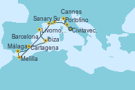 Visitando Civitavecchia (Roma), Portofino (Italia), Livorno, Pisa y Florencia (Italia), Cannes (Francia), Sanary Sur Mer (Francia), Melilla (España), Málaga, Cartagena (Murcia), Ibiza (España), Barcelona