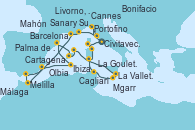 Visitando Civitavecchia (Roma), Portofino (Italia), Livorno, Pisa y Florencia (Italia), Cannes (Francia), Sanary Sur Mer (Francia), Melilla (España), Málaga, Cartagena (Murcia), Ibiza (España), Barcelona, Palma de Mallorca (España), Mahón (Menorca/España), La Valletta (Malta), Mgarr (Malta), La Goulette (Tunez), Cagliari (Cerdeña), Olbia (Cerdeña), Bonifacio (Córcega/Francia), Civitavecchia (Roma)