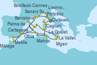 Visitando Civitavecchia (Roma), Portofino (Italia), Livorno, Pisa y Florencia (Italia), Cannes (Francia), Sanary Sur Mer (Francia), Melilla (España), Málaga, Cartagena (Murcia), Ibiza (España), Barcelona, Palma de Mallorca (España), Mahón (Menorca/España), La Valletta (Malta), Mgarr (Malta), La Goulette (Tunez), Cagliari (Cerdeña), Olbia (Cerdeña), Bonifacio (Córcega/Francia), Civitavecchia (Roma), Portofino (Italia), Livorno, Pisa y Florencia (Italia), Cannes (Francia), Sanary Sur Mer (Francia), Melilla (España), Málaga, Cartagena (Murcia), Ibiza (España), Barcelona